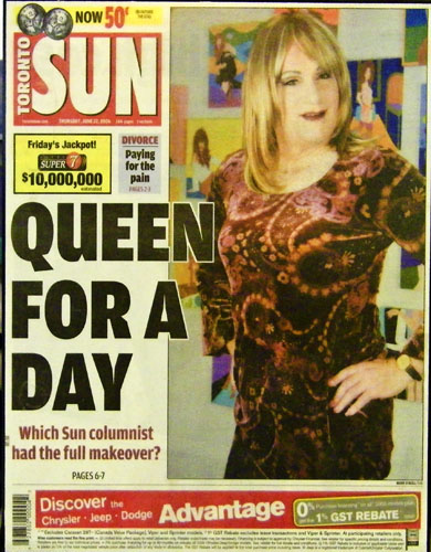 Paddy Aldridge cover of The Sun with Mike Strobel in drag